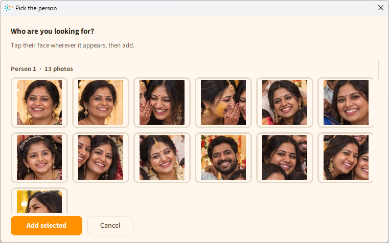 The face picker showing clustered faces from a group photo