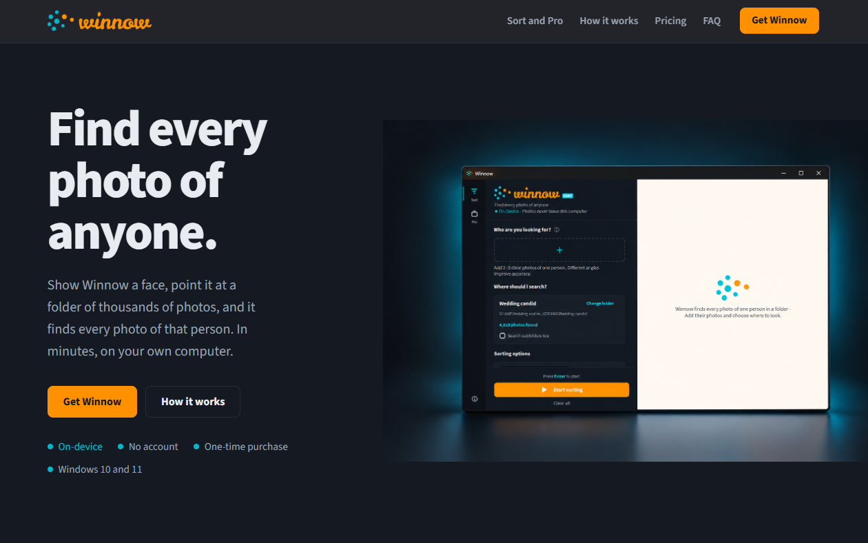 The findwinnow.com landing page